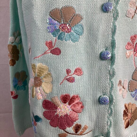 NWT So Forth Cardigan Womens Sz M‎ Blue Green Aqua Linen Floral Beaded Sweater - Picture 4 of 11